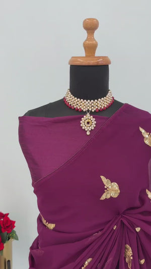 Wine Embroidered Georgette Saree With Shimmering Butterfly Sequin Work