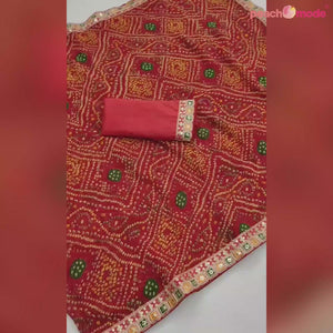 Red Bandhani Printed With Sequins Border Georgette Saree