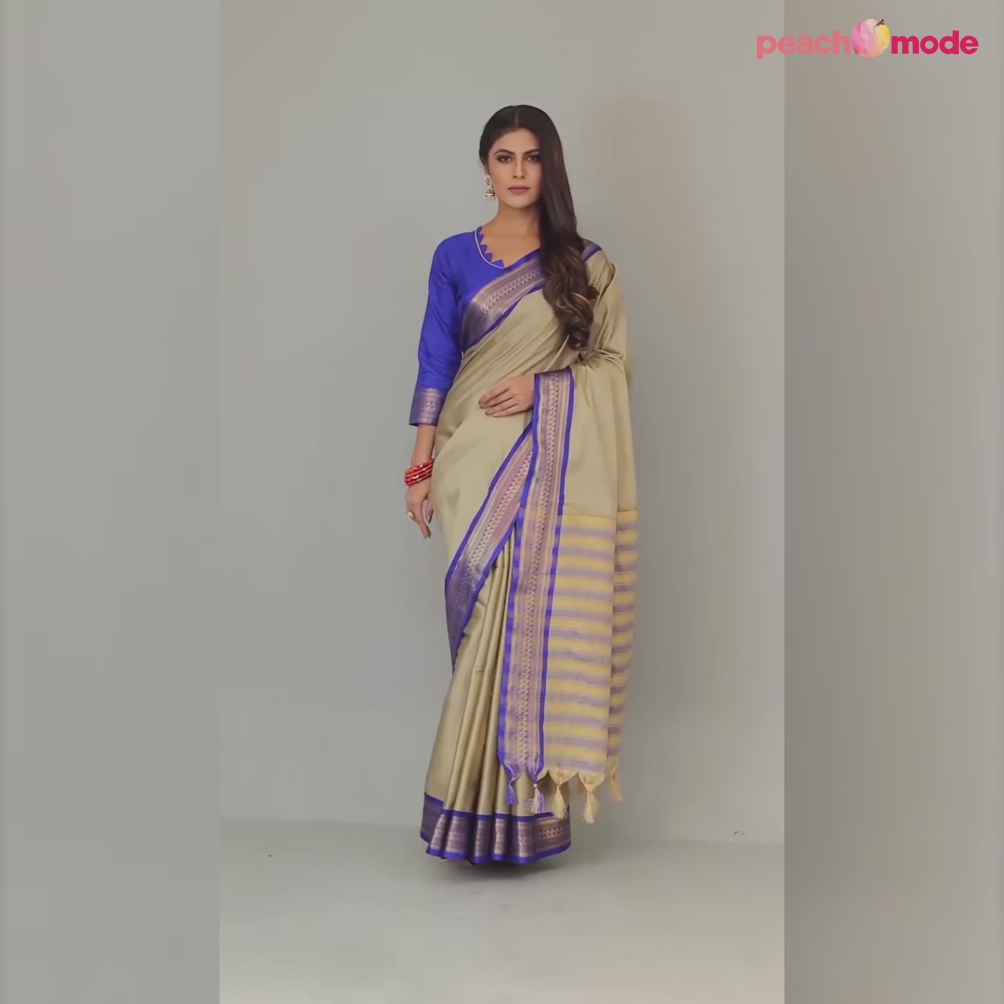 Chikoo & Blue Solid Cotton Silk Saree With Jacquard Border