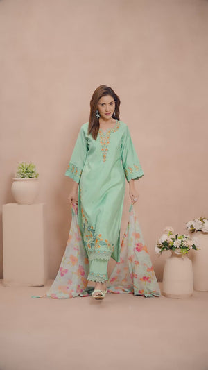 Green Floral Embroidered Straight Salwar Suit Made of Chanderi Silk.
