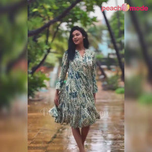 Morpich Blue Printed Rayon Anarkali Dress