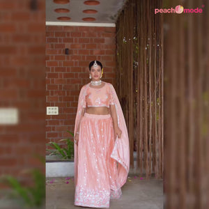 Peach Sequins Floral Embroidered Chiffon Lehenga Choli