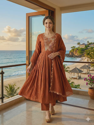 Designer Rust Mul Chanderi A-Line Suit Set with Fine Thread Embroidery for Timeless Ethnic Elegance