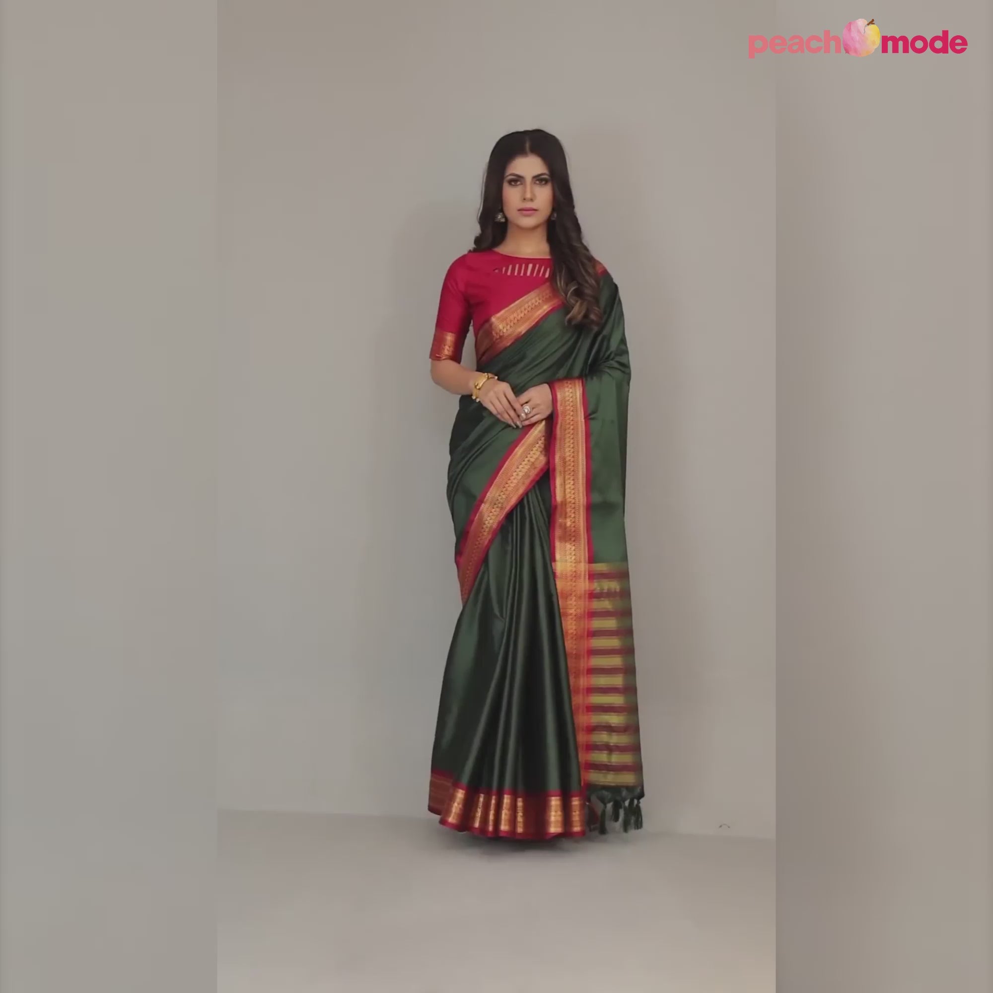 Bottle Green Solid Cotton Silk Saree With Jacquard Border