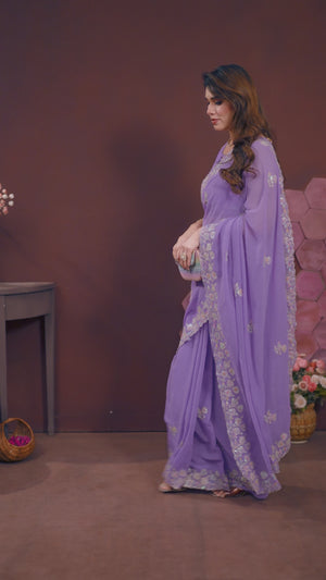 Lavender Georgette Saree Featuring Intricate Floral Sequin Embroidery
