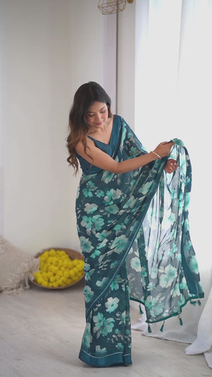 Morpich Blue Floral Printed Moss Silk Blend Saree Adorned With Playful Tassel Pallu