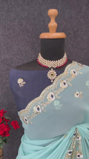 Blue Georgette Silk Saree With Floral Sequin Embroidery & Graceful Cutwork Detailing Border
