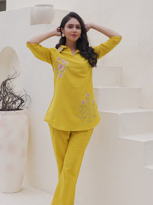 Chic Mustard Pure Cotton Co-Ord Set with Collar Neck and Delicate Floral Embroidery