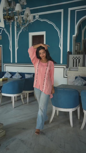 Pink Floral Embroidered Rayon Rinkal Top