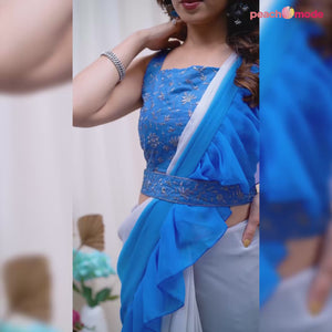 Blue Ombre Printed Georgette Ruffle Saree With Embroidered Belt