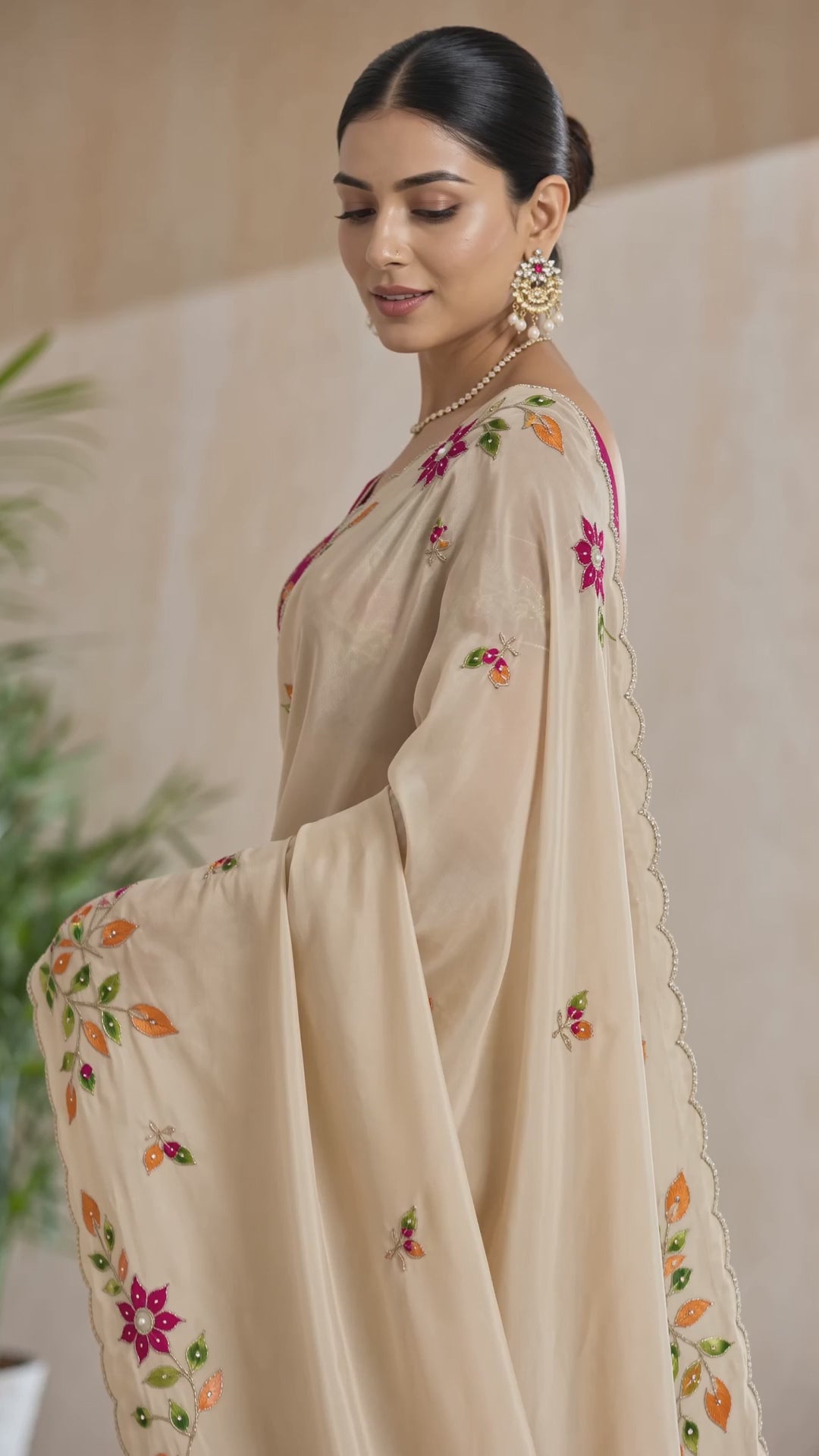 Peachmode Beige Georgette Saree with multi-color floral embroidery - Video 2