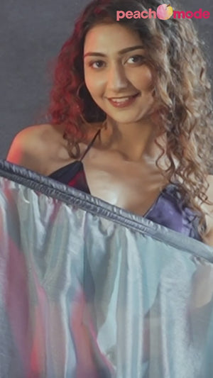 Bluish Grey & Navy Blue Ombre Satin Saree in Solid Finish with Ready-to-Wear Silhouette