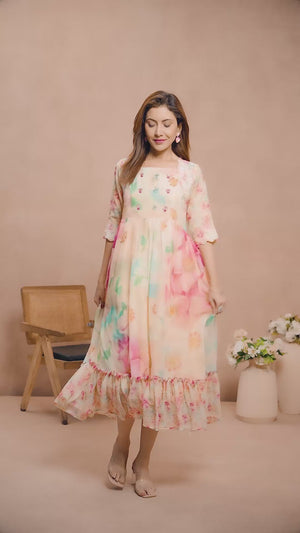 Multicolor Chiffon Maxi with Artistic Floral Prints and Handcrafted Embroidery