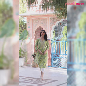 Yellow & Green Bandhani Foil Printed Rayon Straight Kurti