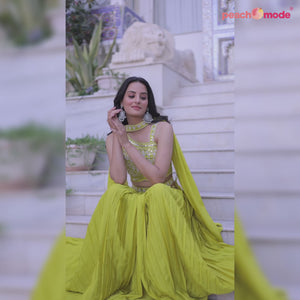 Lemon Green Embroidered Chiffon Plated Lehenga Choli
