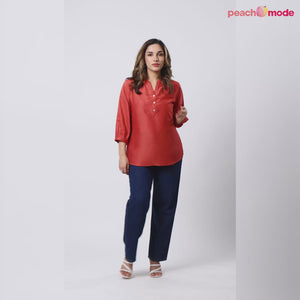 Red Solid Poly Chinon Straight Top