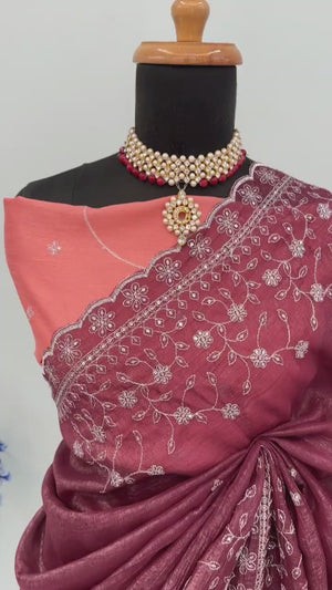 Dusty Maroon Silk Blend Crush Saree Adorned With Floral Thread Embroidery & Sequins