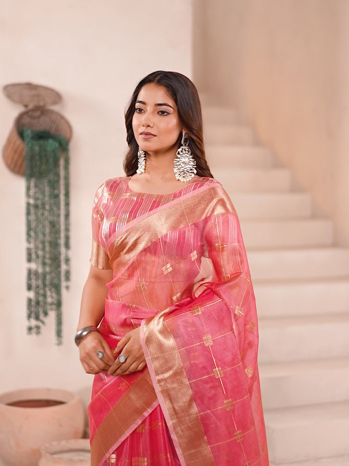 Peachmode Pink Linen Cotton Silk Zari Saree - Video 2