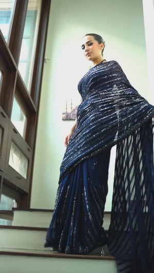 Blue Sequined Saree with Striped Design in Soft Georgette for Effortless Evening Elegance