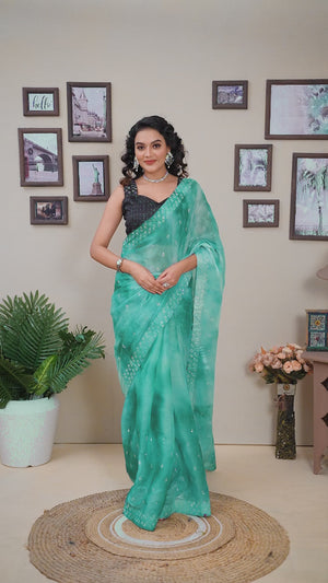 Aqua Blue Printed With Diamond Work Zimmi Choo Organza Ready To Wear Saree