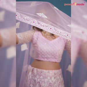 Pink Floral Sequins Embroidered Net Lehenga Choli