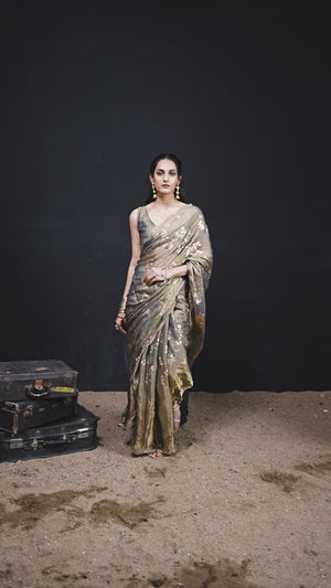 Designer Grey Satin Silk Saree With Leaf Foil Print & Stone Work Border
