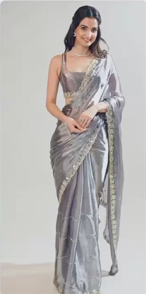 Grey Art Silk Saree Highlighted with Embroidery & Mirror Detailing