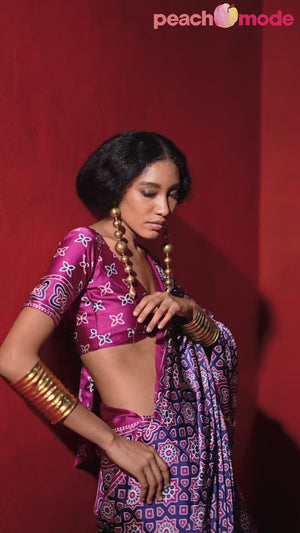 Classic Purple Saree with Timeless Ajrakh Designs on Satin Crepe