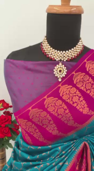 Rama Blue Floral Woven Kanjivaram Silk Saree