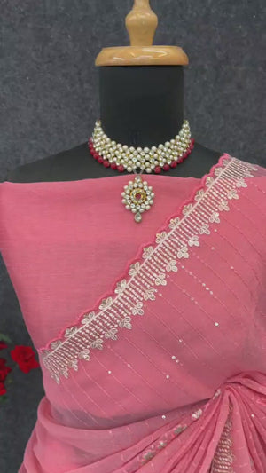 Rose Pink Shimmer Chiffon Saree with Pastel Floral Sequin Embroidery & Delicate Cutwork Border