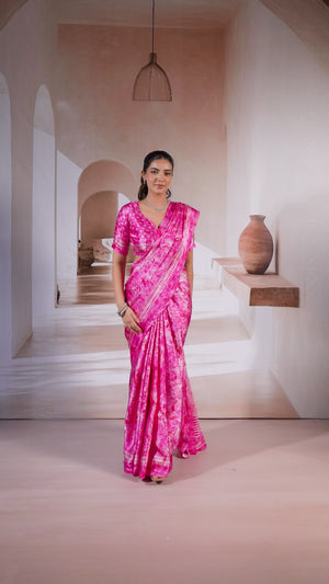 Luxury Pink Abstract Prism Print Modal Satin Saree Featuring Artistic Work