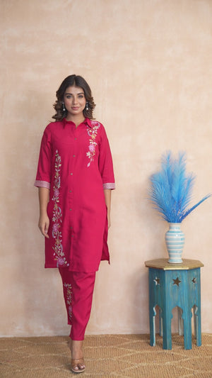 Stylish Red Co-Ord Set in Chanderi Silk with Intricate Floral Embroidery