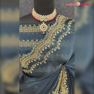Blue Embroidered Chiffon Saree