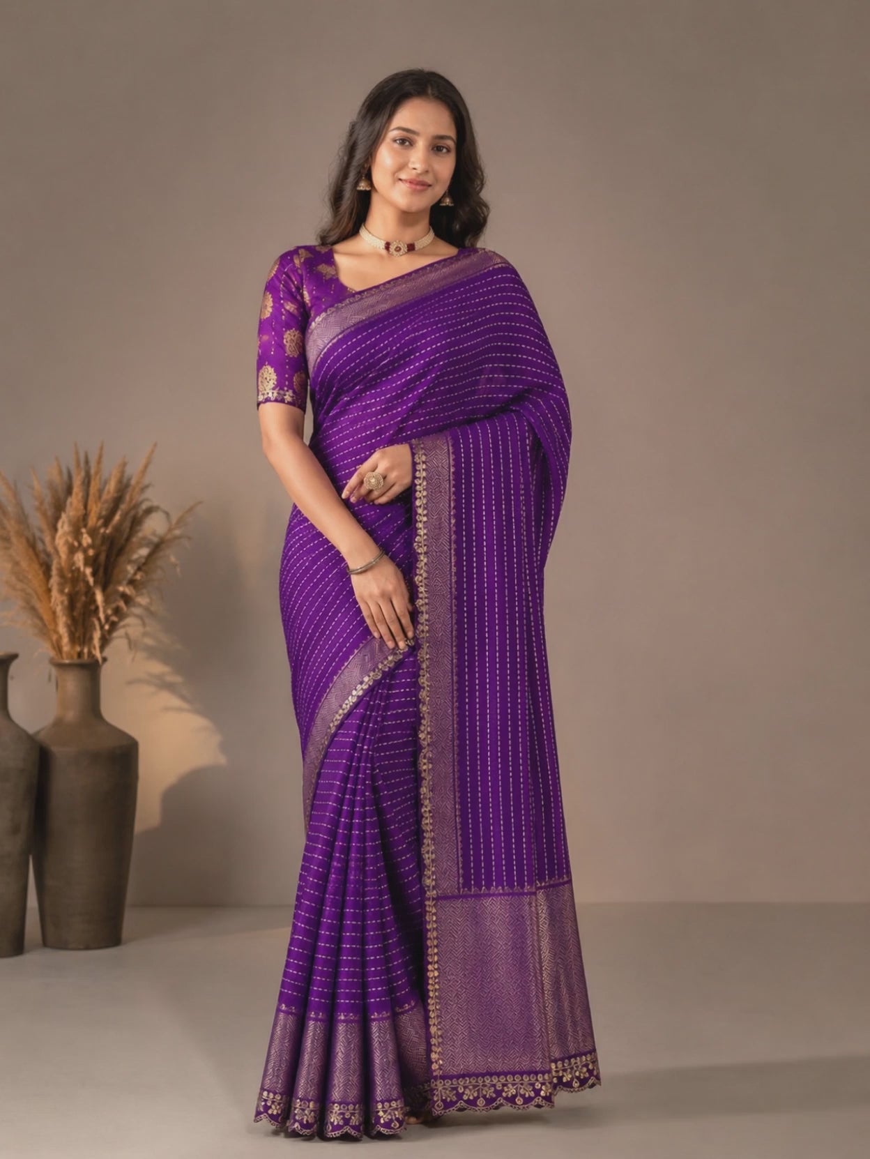 Royal Purple Floral Printed Dola Silk Saree With Woven Border
