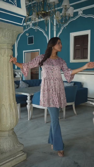 Light Purple Floral Foil Printed Rayon A-Line Top