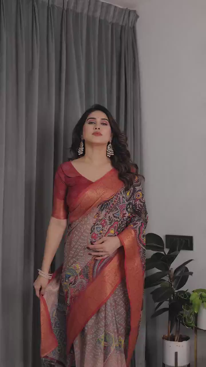 Peachmode Black Handloom Linen Cotton Floral Print Saree - Video 4
