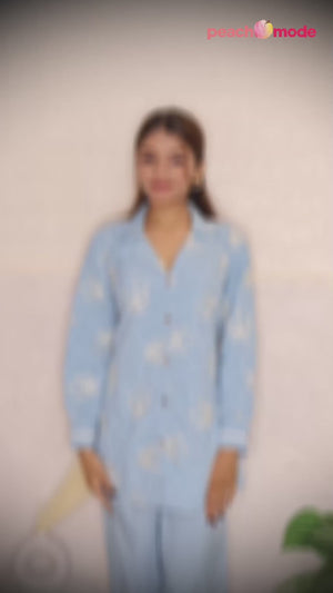 Floral Embroidered Sky Blue Breathable Linen Matching Top Bottom Outfit Set