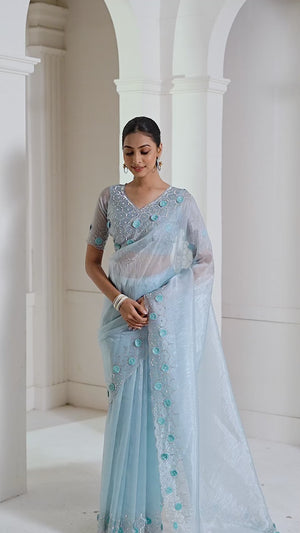 Sky Blue Stone Work Soft Organza Saree