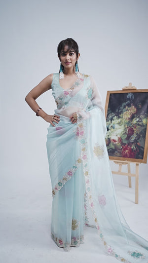 Sky Blue Traditional Hand Printed Organza Tissue Saree With Fancy Hand Stone Embellished Work