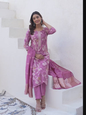 Light Purple Straight Viscose Salwar Suit With Delicate Floral Prints