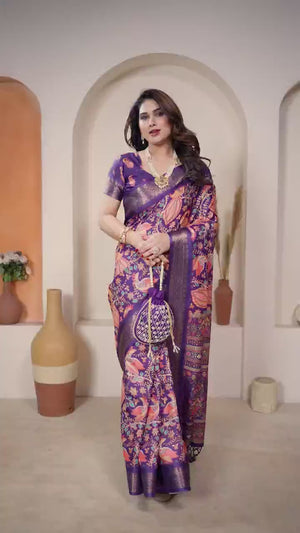Peachmode Purple Cotton Silk Kalamkari Print Saree with Zari Border - Video 2