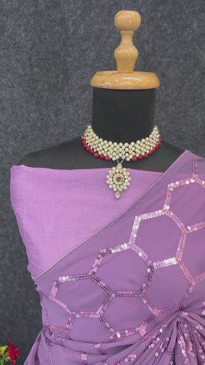 Lilac Purple Georgette Silk Saree Embellished With Sparkling Sequins Embroidery & Piping Border