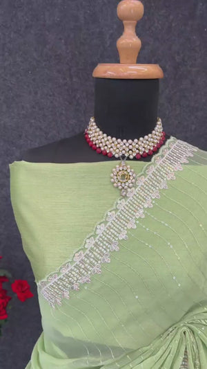 Green Shimmer Chiffon Saree with Floral Sequin Embroidery & Fine Cutwork Detailing