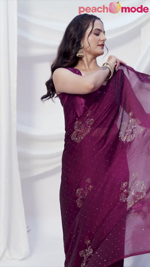 Wine Floral Swarovski Work Rangoli Art Silk Ready To Wear Saree