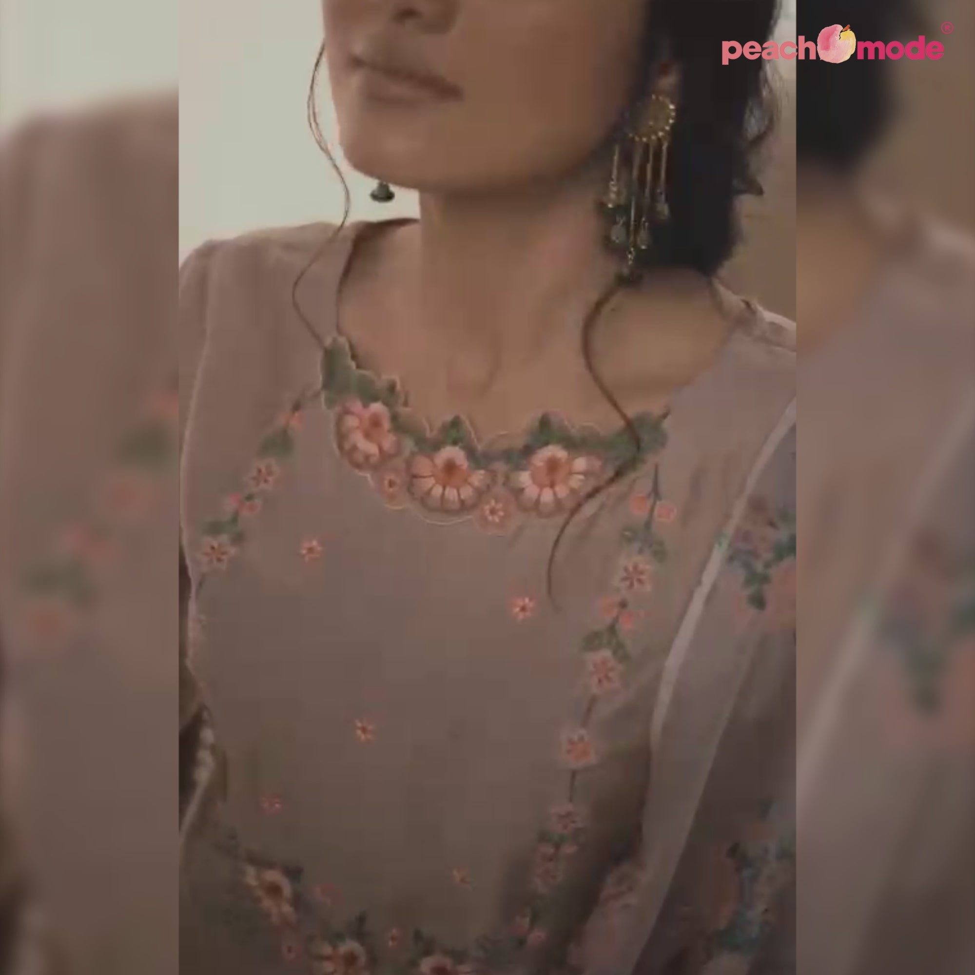 Brown Floral Embroidered Viscose Suit