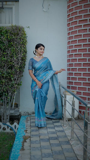 Beautiful Blue Tissue Handloom Saree with Detailed Digital Floral Embellishments