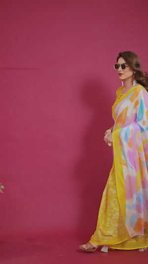 Elegant Yellow Abstract Print Saree in Lightweight Chiffon