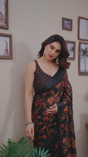 Black & Red Floral Print & Zari Work Moss Satin Saree With Satin Patta