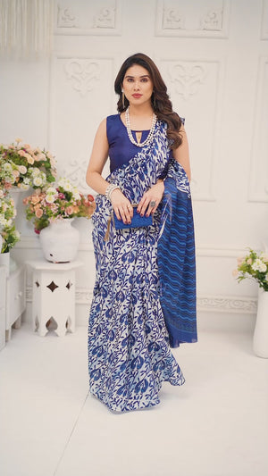 Blue Floral Printed Khaadi Saree