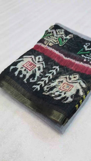 Peachmode Grey Linen Saree with Digital Print and Zari Work - Video 2
